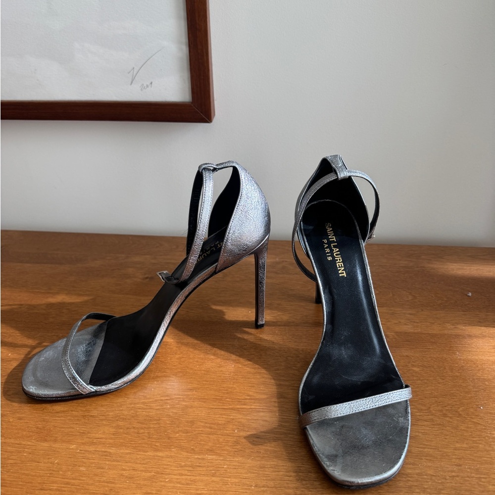 Saint Laurent Amber Metallic Silver Heeled Sandal